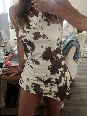 Brown & White Cow-Print Halter Mini Dress